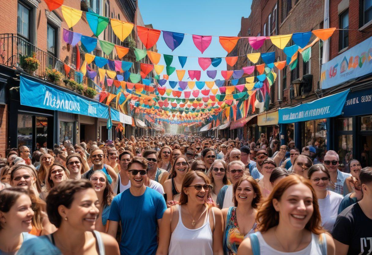 An inclusive and vibrant street scene depicting a diverse group of LGBTQ+ individuals joyfully celebrating together, surrounded by colorful banners and flags. Include symbols of various identities within the community, such as rainbow hearts and pride colors. Capture a sense of unity, support, and joy, with a bright blue sky overhead. super-realistic. vibrant colors. 3D.