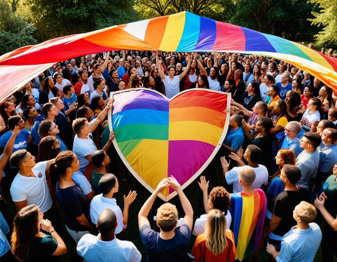 A heart-shaped shield symbolizing love and protection, surrounded by multicolored LGBTQ+ pride flags. The background features a peaceful landscape of a diverse group of people supporting each other, illustrating unity and understanding. Soft, warm lighting enhances the emotional tone, creating a safe and welcoming atmosphere. super-realistic. vibrant colors. soft focus.