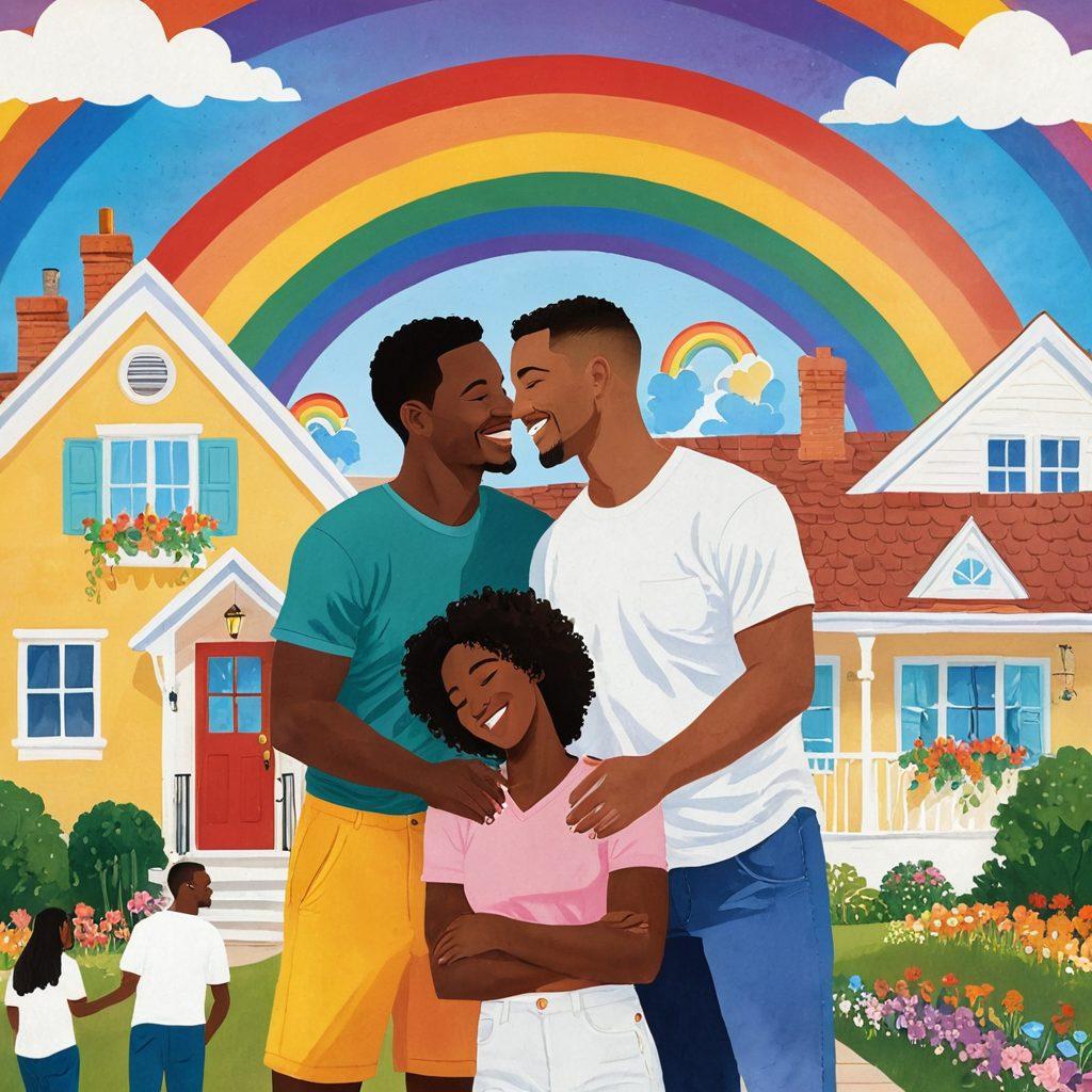 A diverse group of happy LGBTQ+ couples sharing a warm embrace, surrounded by symbols of love and security, such as a heart-shaped insurance policy and colorful rainbows. The background features a cozy home with a welcoming atmosphere, illustrating safety and care. Soft, warm lighting enhances the feeling of love and security. vibrant colors. super-realistic.